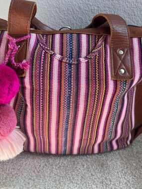 Nena EUC Striped Woven Tote with Brown Leather Trim